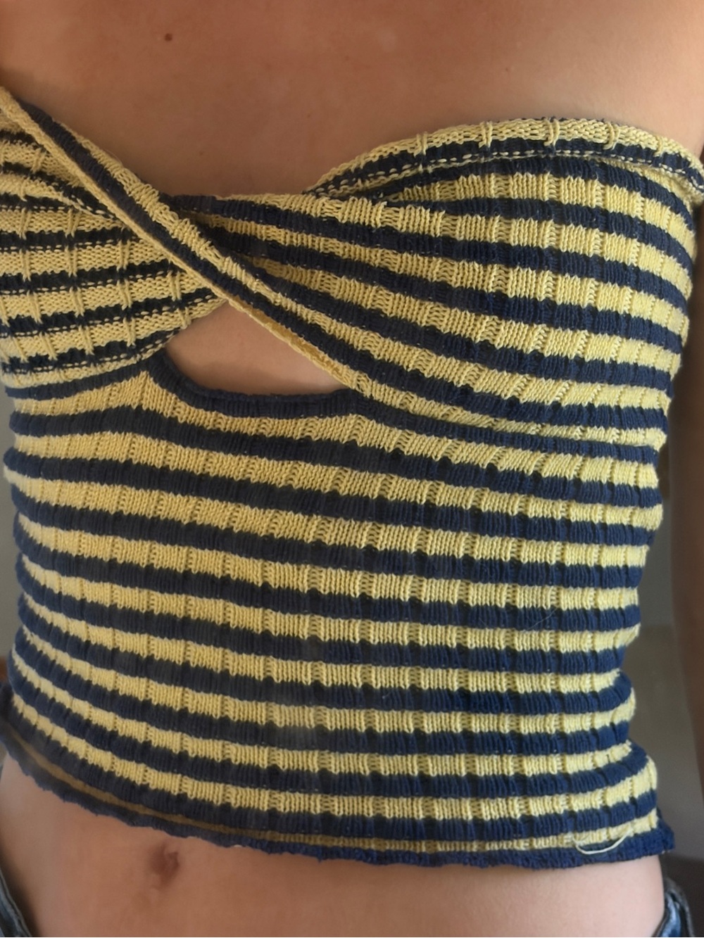Striped Yellow & Navy Knit Crop Top